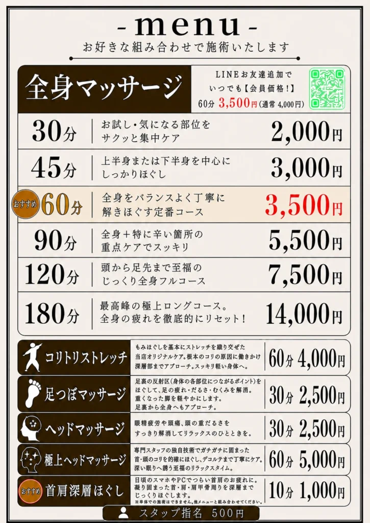 コリトリサロン楽RAKU リラクゼーションメニュー料金 全身マッサージ・コリトリストレッチ・足つぼ・ヘッド・極上ヘッド・首肩深層ほぐし